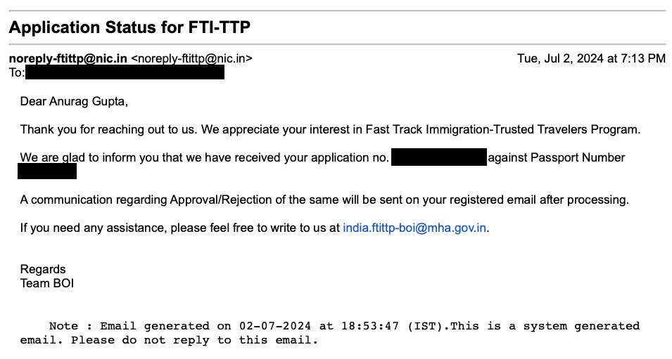 FTI-TTP application submission email