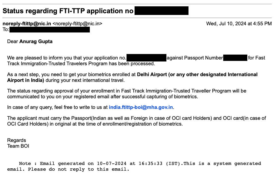 FTI-TTP application biometrics email
