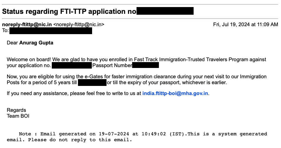 FTI-TTP application confirmation email
